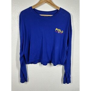 Polo Ralph Lauren Shirt Womens XL Blue Long Sleeve Cropped Raw Hem Logo Crewneck